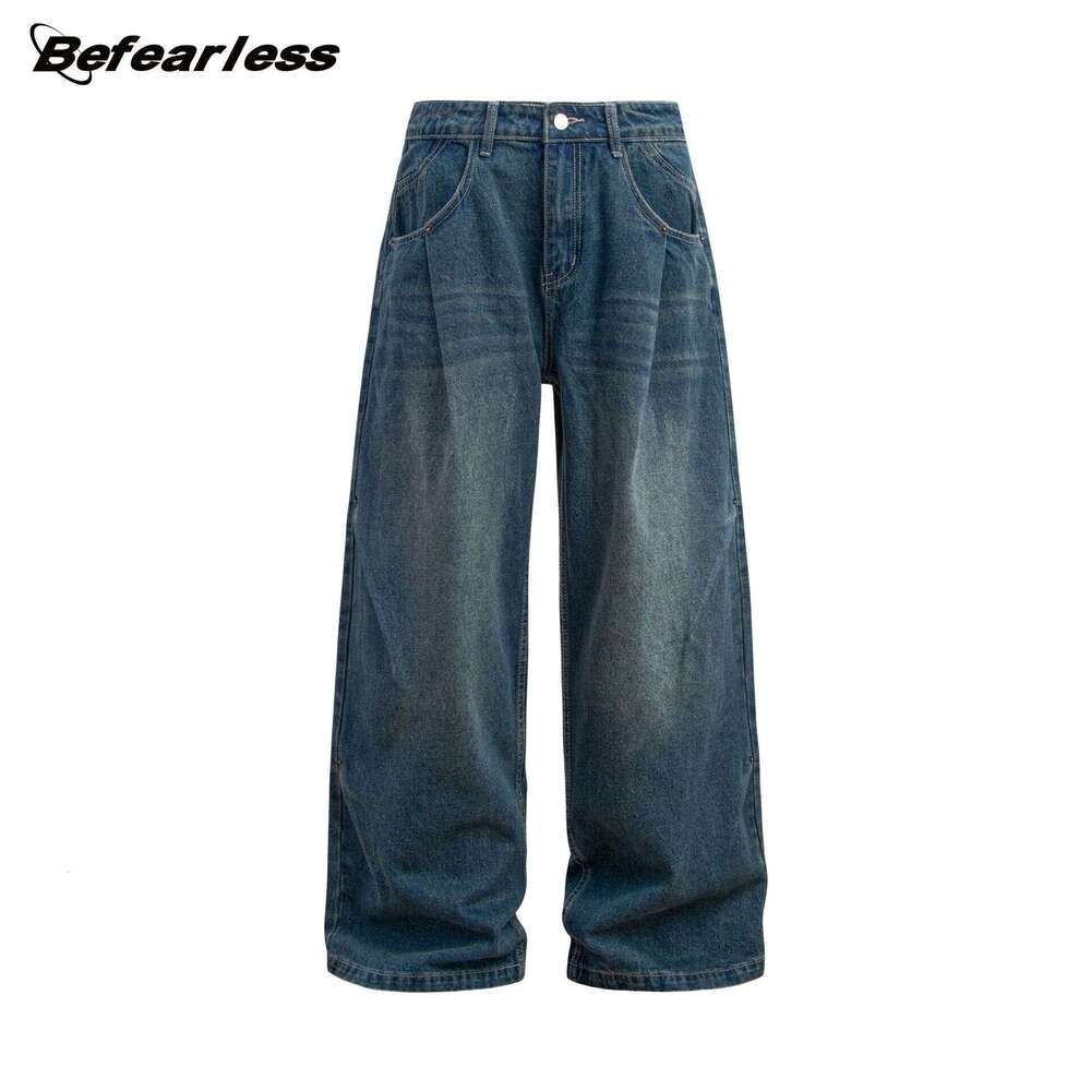 American Style Washed Vintage Double Pleat Jeans Unisex Trendy Loose Wide Leg Floor-Length Casual Pants B5