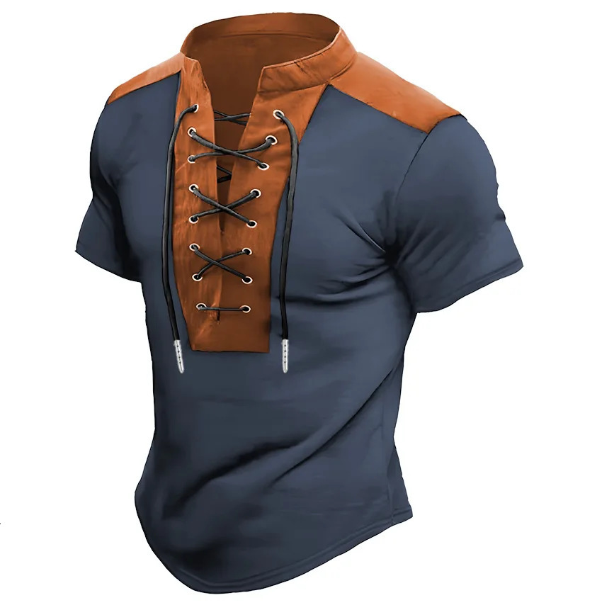 2025 Europe and the United States mens summer short-sleeved round neck T-shirt drawstring decorative POLO shirt top 250813