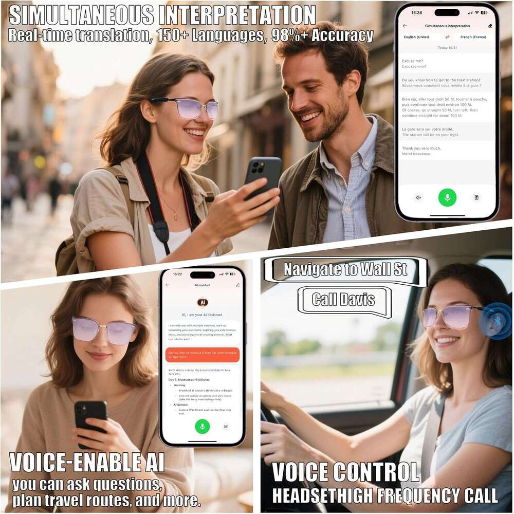 Dormiro Women's Nano IPX7 Waterproof Smart Translator 150+ Languages AI Glasses with Speaker, Open Ear Headphones, Touch Control Bluetooth Sungla