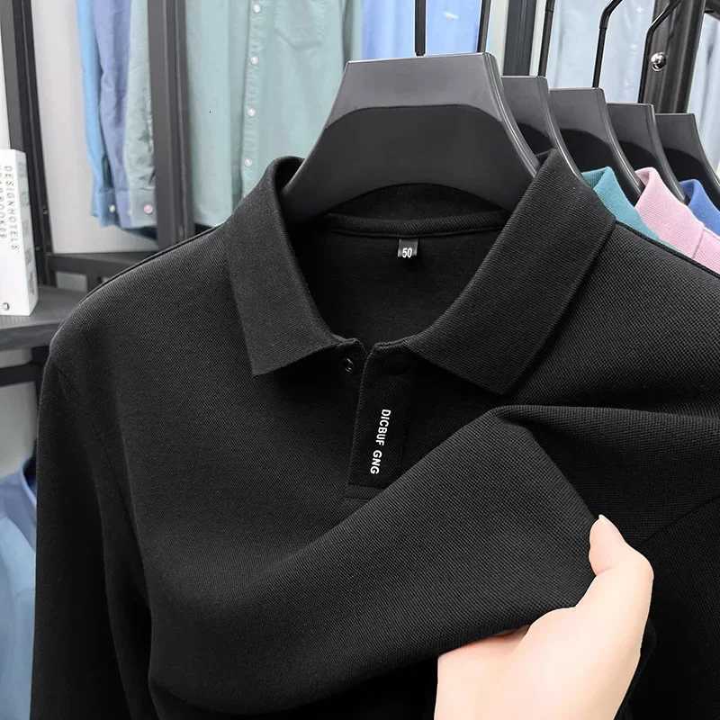 Spring and Autumn New Double-sided Beaded Long-sleeved T-shirt with Single Button Business Casual Mens Polo ShirtXJ250804