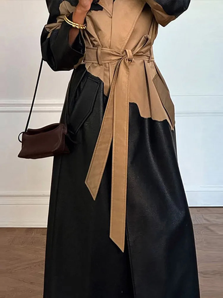 Patchwork Leather Long Coats Women Vintage Lace Up Lapel Single Breasted Female Coat Elegant Spring Autumn Lady Outwear 250809