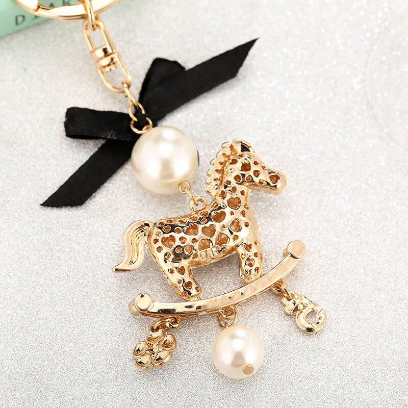 Korean Style New Diamond-Encrusted Carousel Car Pendant Bowknot Pearl Keychain Fashion Bag Accessories