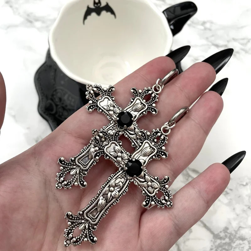 Gothic Large Silver Colour Tone Jewel Cross Earrings with Black Punk Hallowmas Jewellery Gorgeous Wedding Statement Women 250812