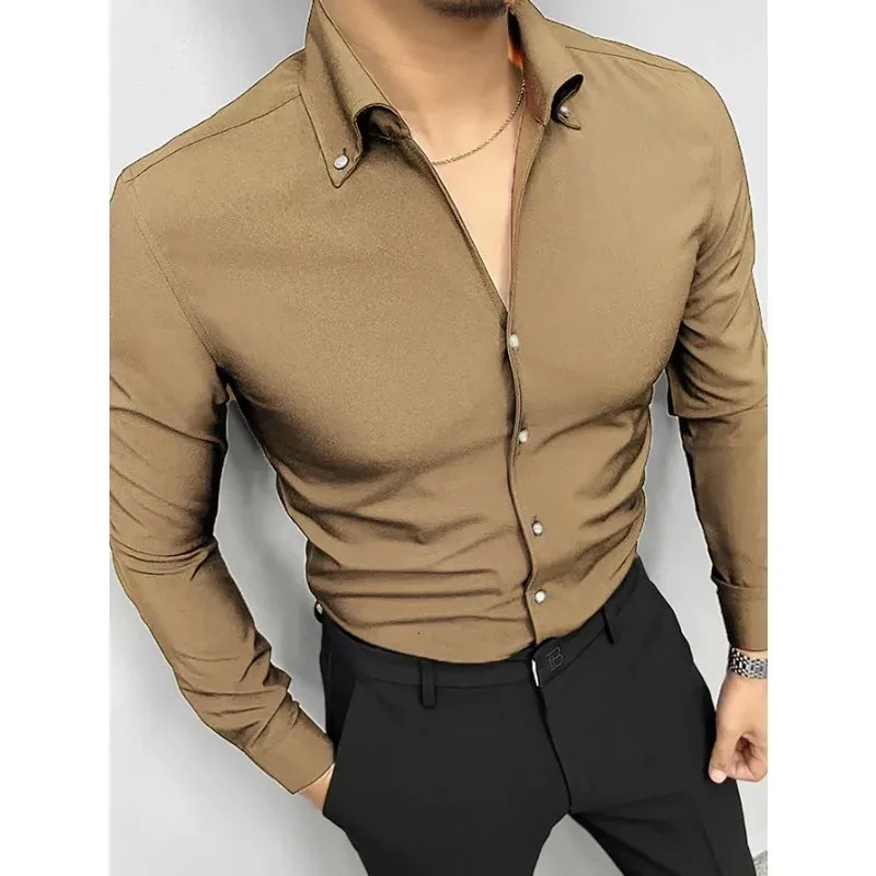 4 Colors Mens Shirt Solid Color Versatile Casual Lapel Breathable Skin friendly Mens Shirt European Size 250813