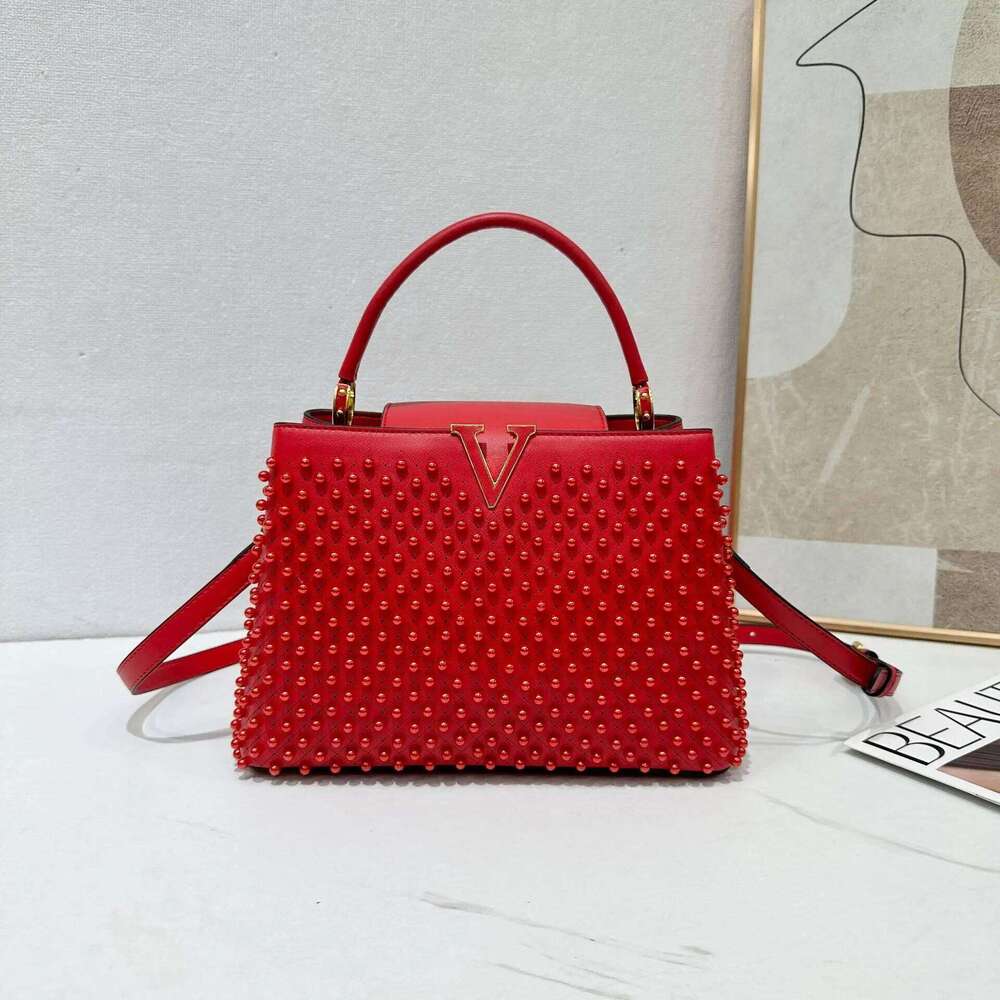 Designer Full Pearl Inlay PU Leather Handbag Women S Fashionable V Letter Single Shoulder Portable Messenger Bag