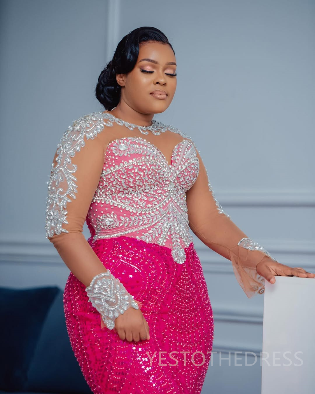 2025 Plus Size Fuchsia Mermaid Prom Dresses Aso Ebi Beaded Lace Appliqued Crystals Rhinestones Long Sleeves Illusion Birthday Dress Second Reception G