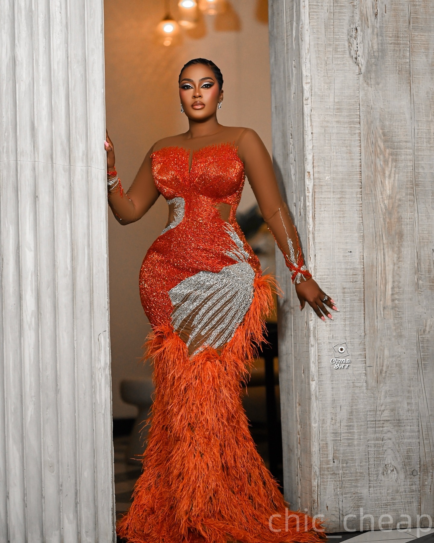 Mermaid Burnt Orange Prom Dresses 2025 Illusion Beaded Feather Evening Formal Party Second Birthday Engagement Gowns Plus Size Dress For Special Occas