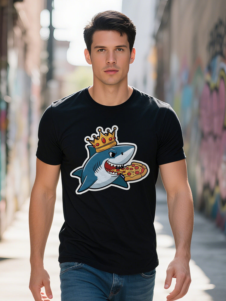 Durable Print Humorous Men s Black Graphic Tee Playful Shark with Pizza Crown Design Casual Short Sleeve T Shirt