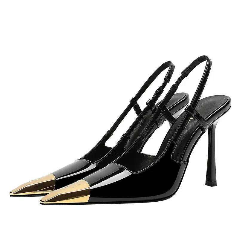 New Summer Women's High-heeled Sandals Gold Iron Patent Leather Black Stiletto Square Head Closed Toe Sling Back Shoes