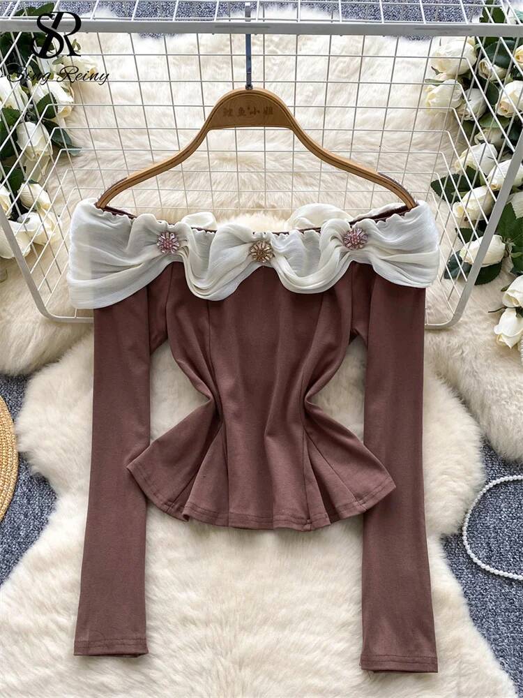 2025 off shoulder hot and spicy top women's diamond slant neck YK short T-shirt lightweight luxury new fashion autumn slim fit women's shirt