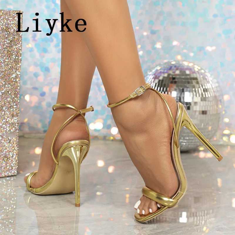 2025 Summer Sexy Gold High Heels Gladiator Sandals Women Fashion Square Toe Ankle Buckle Strap Stiletto Party Dress Shoes W250814