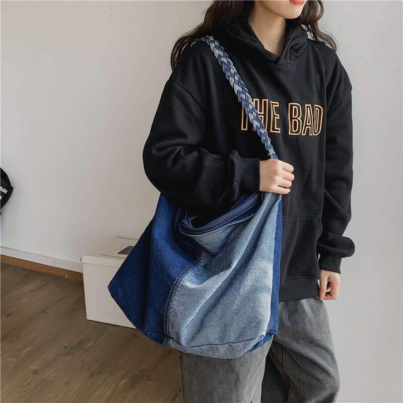 New Korean Version Ins Color Block Denim Crossbody Bag for Women, Lazy Style Large Capacity Shoulder Bag, Bags Designer Women Artistic Student Backpac