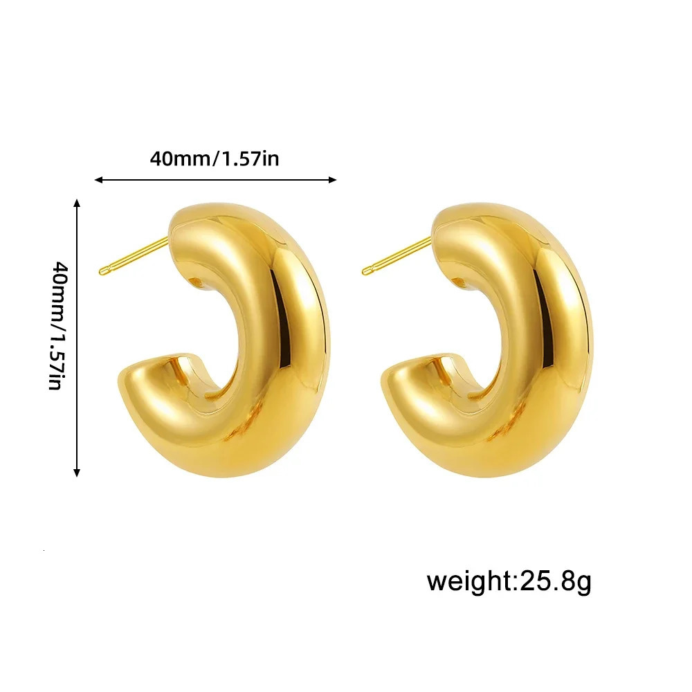 Retro Stainless Steel Chunky C Shape Hoop Earrings Glossy Gold Plated PVD Circle Round Tube Huggie Hoops Stacked Ear Jewelry 250812