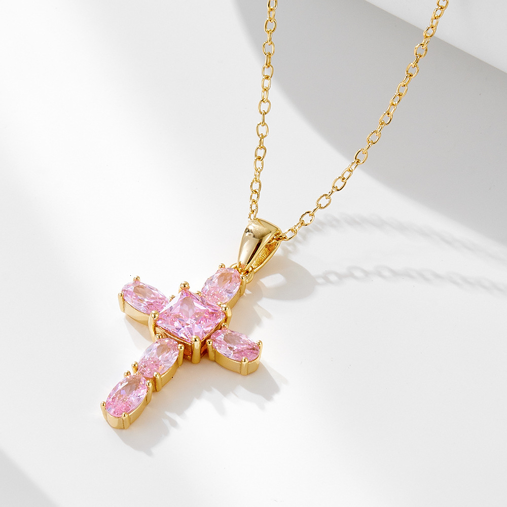 S Pure Sier Pink Zircon Cross Necklace for Women, Unique Design, Elegant and Versatile Collarbone Chain Jewelry for Women