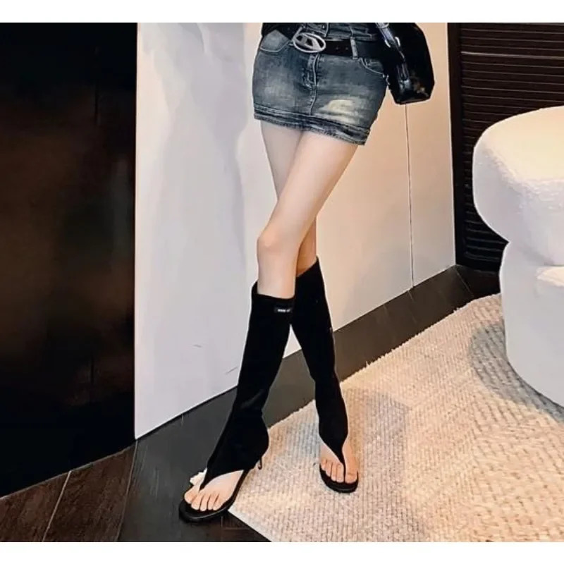 Black Kitten Heel Clip Toe Boots Elastic Soft Microfiber Flip-flops Knee Boots Womens Side Zip Low Heel Thigh High Boots Heels 250812