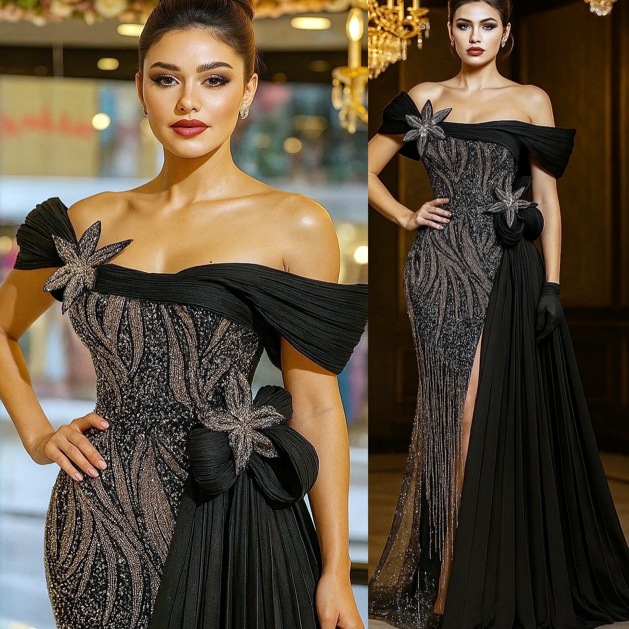 Mermaid Black Prom Dresses 2025 Flowers Sequined High Split Stylish Evening Formal Party Second Birthday Engagement Gowns Plus Size Dress For Special 
