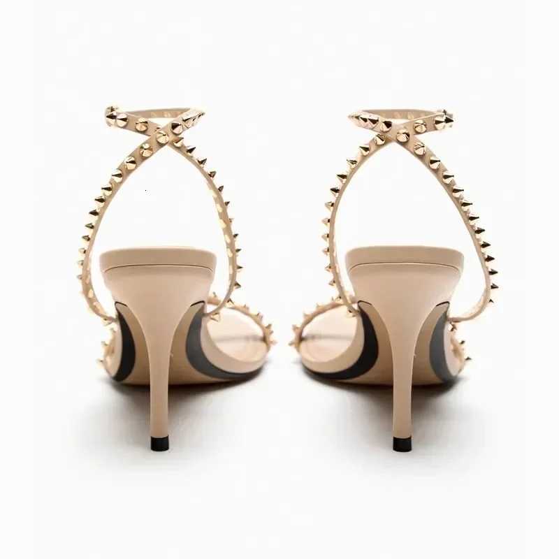 Luxury Designer Rivet Embellished Thin Heeled Sandals for Women Summer Sexy Pointed Toe Ankle Strap High Heels Elegant Party Shoes W250814