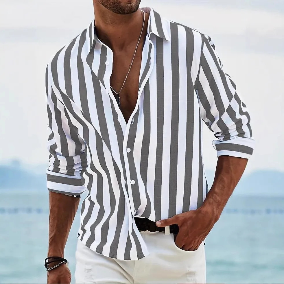 Spring and Autumn Mens Color Woven Striped Casual Loose Long Sleeved Shirt Mens Shirt Tops 100% Polyester Microprojectile 250813