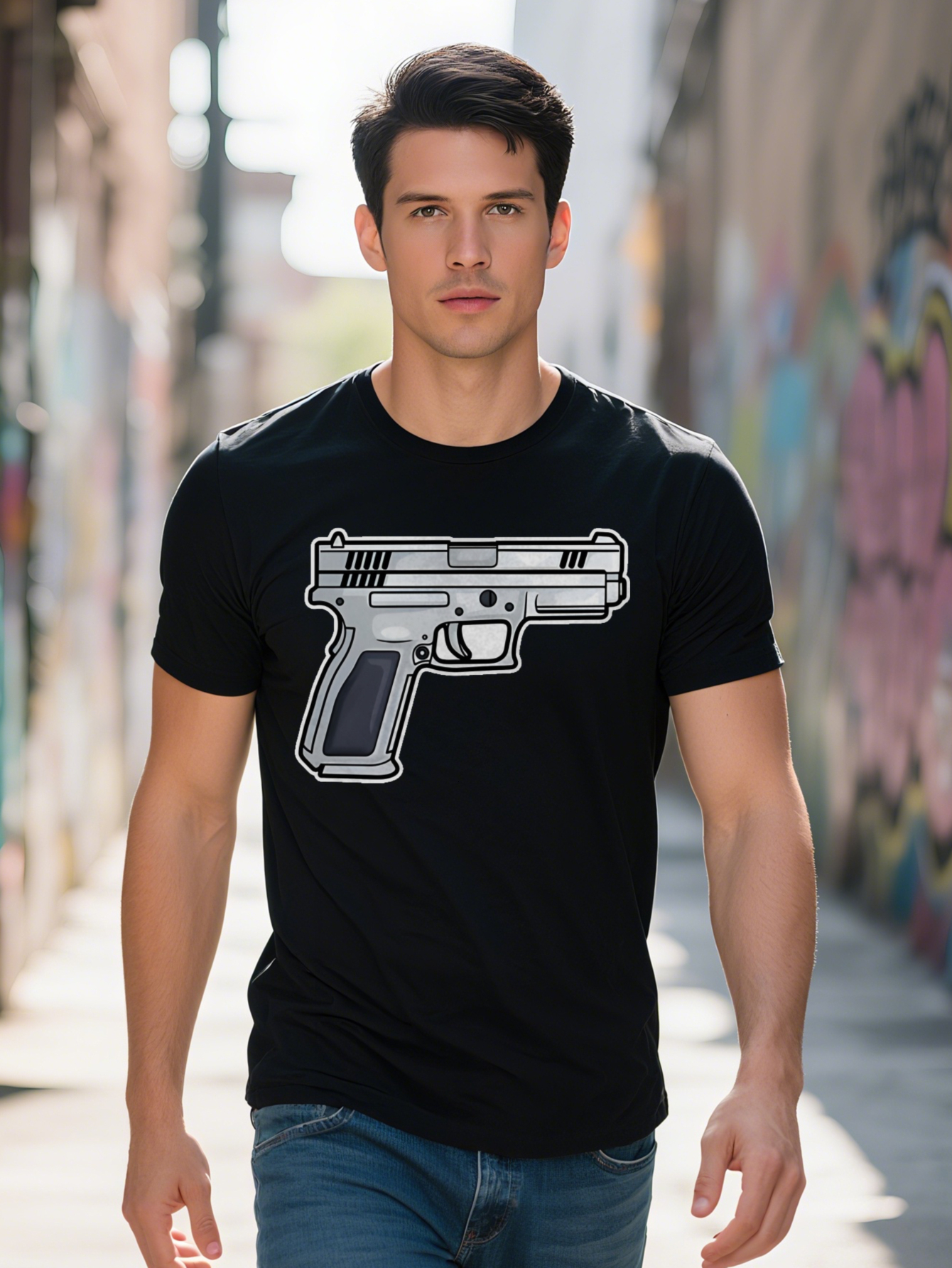 S Versatile T Shirt with Silver Pistol Print Design Soft Breathable Perfect Summer Spring Ideal Gift for Men