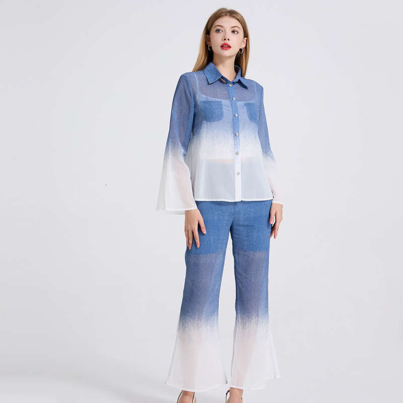 Fashion Gradient Print Shirt Sleeve Chiffon Blouse + High Waist Flared Pants Two-Piece Set
