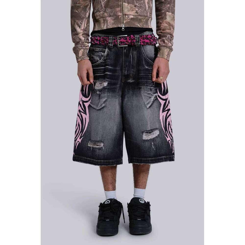 2025 New Gothic Flame Print Used in Old Washing and Worn Five-point Men's Street Fashion Haruku Y2K Baggy Jeans