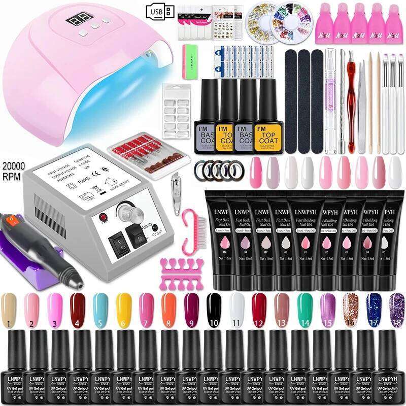 With LED Light Dryer Drill Hine Poly Nail Extension Gel Varnish Soak Off Polish Manicure Tools Kit