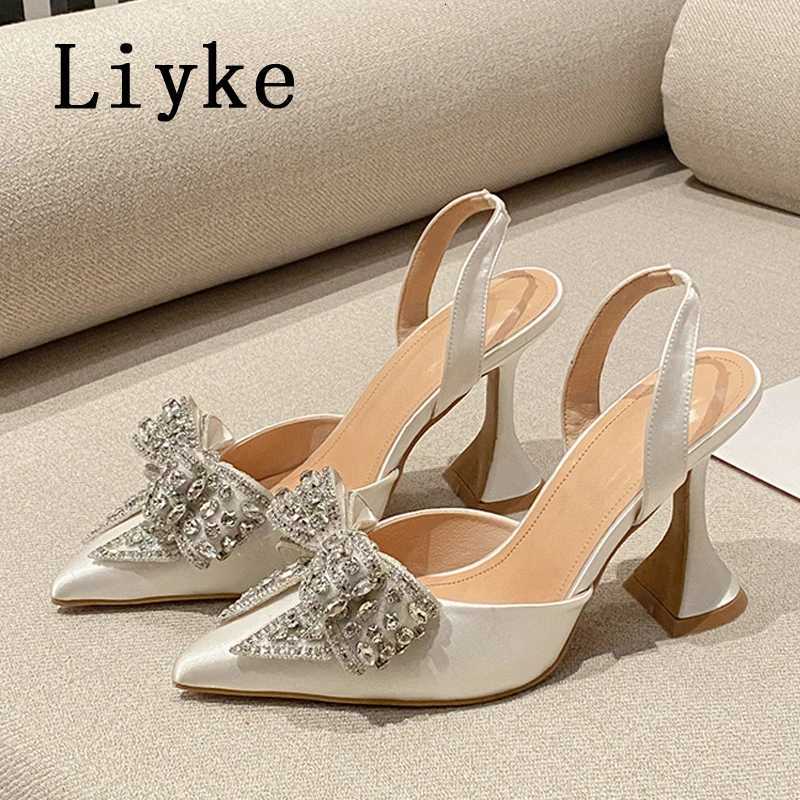 L ik e Spring Summer Fashion Rhinestone Bowknot Women Pumps Sexy Silk Pointed Toe Strange High Heels Party Prom Shoes Gold Silver W250814