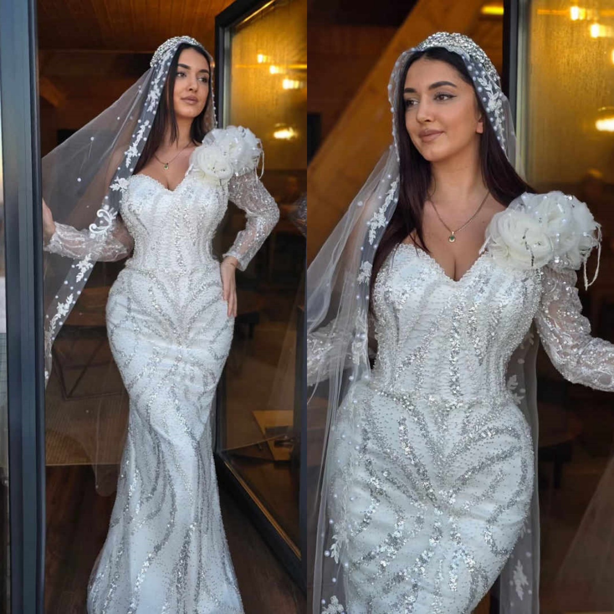 Luxury Mermaid Wedding Dress Sweetheart Neck Long Sleeves Bridal Gowns Sequins Appliques Floor Length Dresses Custom Made vestidos de novia