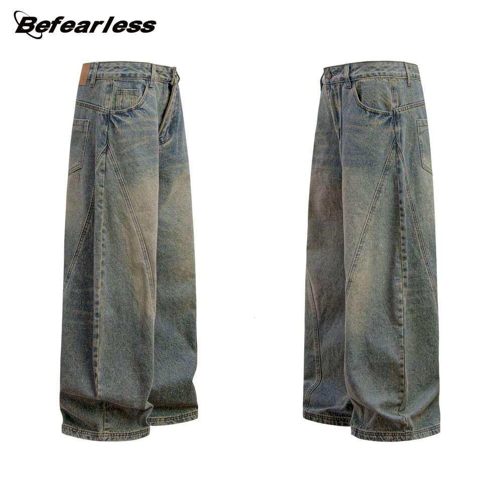 American Style Washed Vintage Scimitar Jeans For Men, Trendy Loose Wide-Leg Design Long Pants, Scythe Pants B5