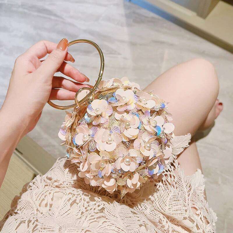 Mini Sequin Flower Evening Bag, Elegant Dinner Clutch Purse, Formal Round Banquet Handbag For Wedding Party Prom