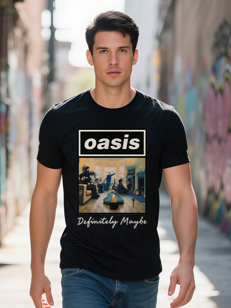 Men's Definitely Maybe Album Graphic Tee Vintage Band Poster Design Black T-Shirt Liam Gallagher Inspired Casual Shirt