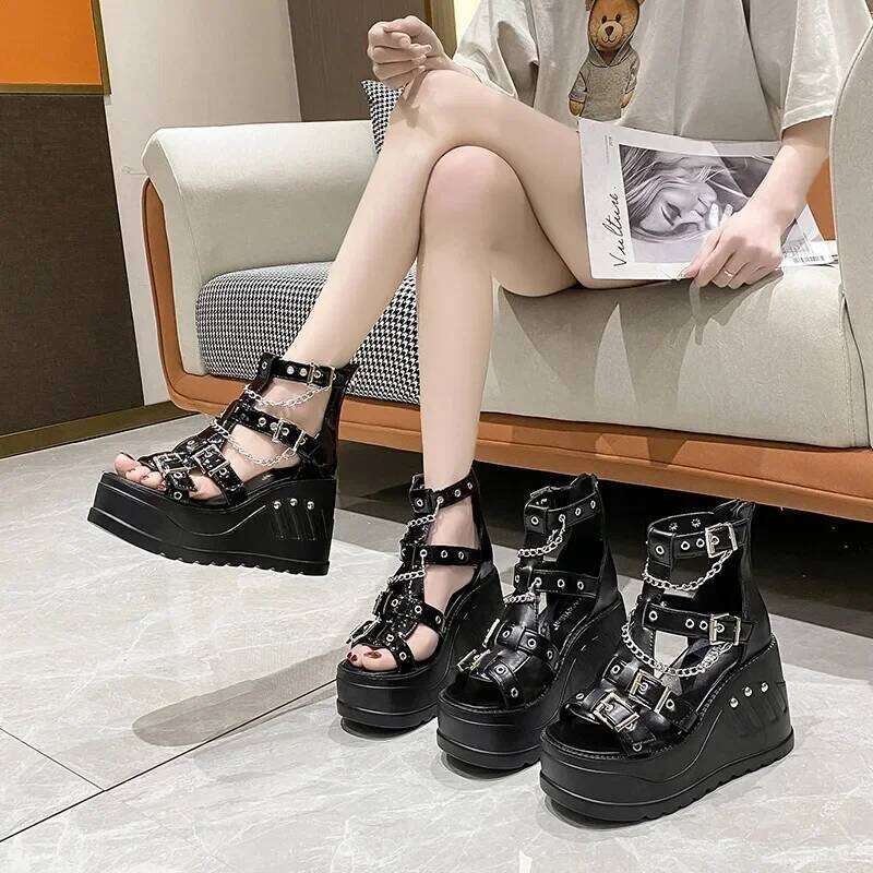 Women Wedges High Heel Gothic Punk Comfy Walking Back Zip Chains Platform Ladies Shoes Sandalias De Mujer Verano 2024