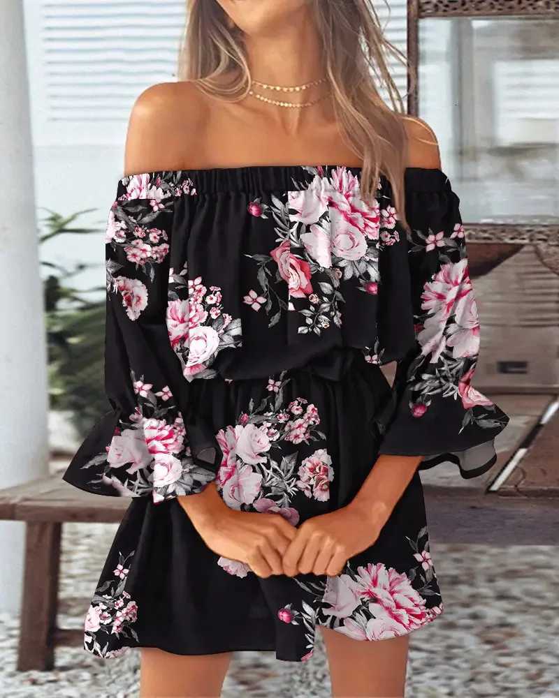 Women Summer Style Mini Dress Lady Casual Slash Neck Half Flare Sleeve Printed Dress Vestidos XJ250814