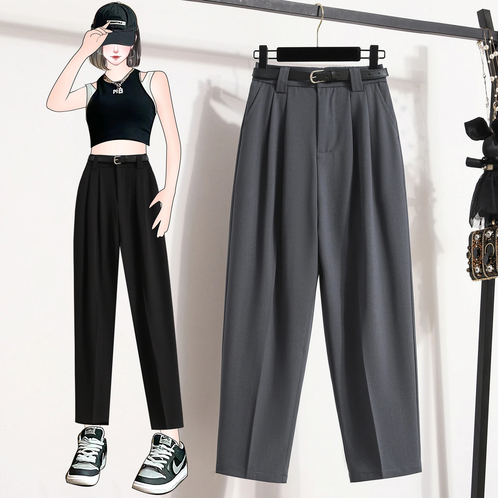 L4XL Plus Size Pants For Women 2025 Arrivals High Waist Straight Suit Pant Korean Style Casual Trousers Female 250808