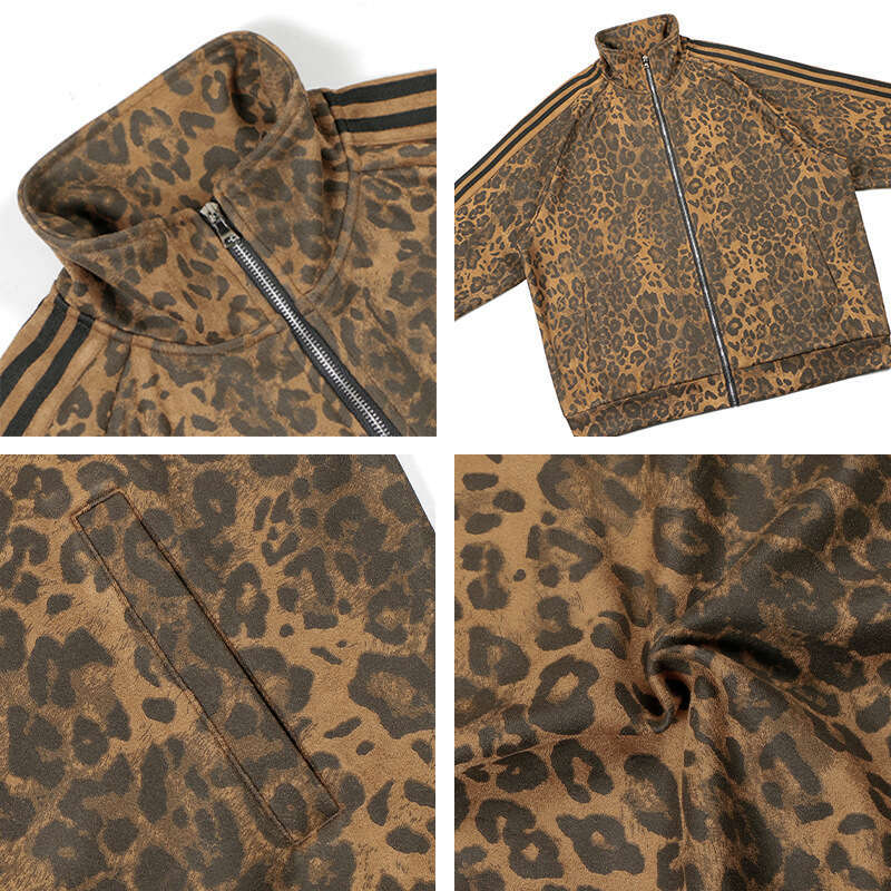 American Style Trendy Leopard Print Design Sweatshirt Set Men Women, Loose Fit, Unique Stand Collar Cardigan Jacket For Autumn And Winter B5