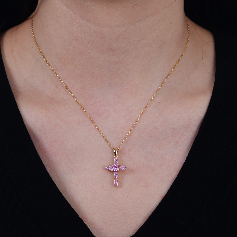 S Pure Sier Pink Zircon Cross Necklace for Women, Unique Design, Elegant and Versatile Collarbone Chain Jewelry for Women