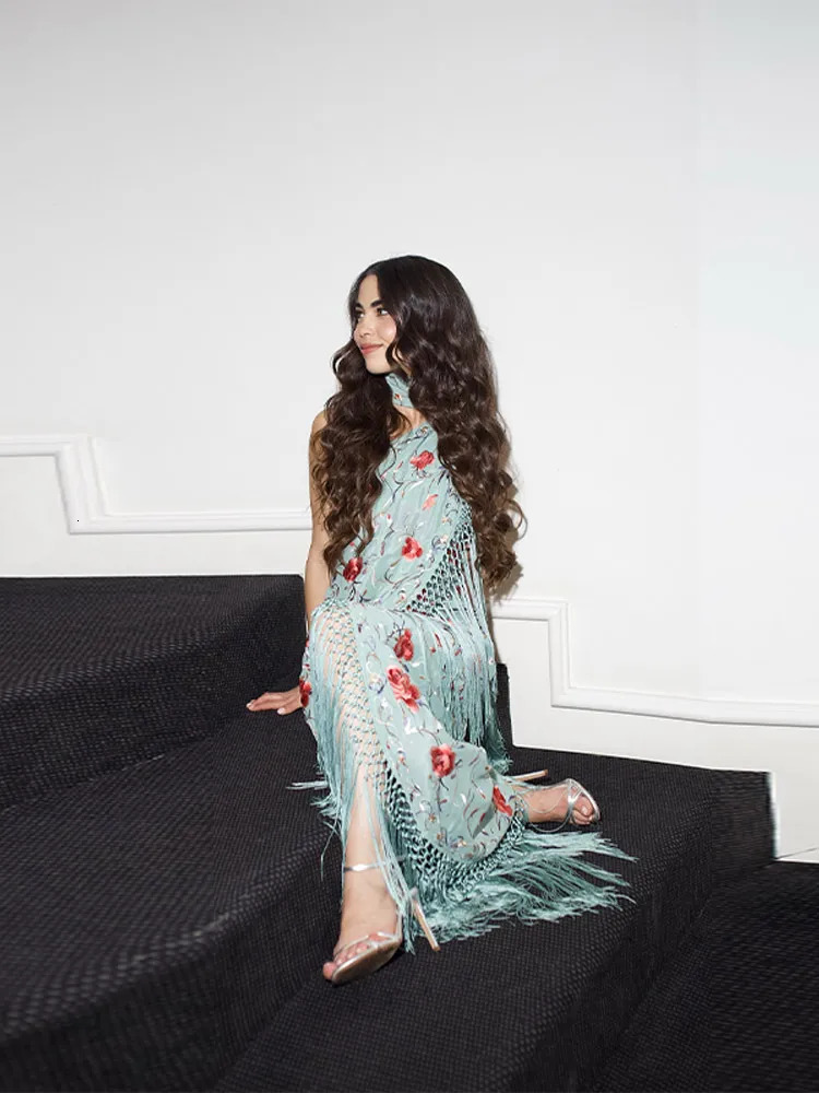 Print Tassels One-piece Long Dress Women Elegant Scarf Collar Sleeveless Backless Slim Party Dresses Fashion Ladies Vestidos 250813