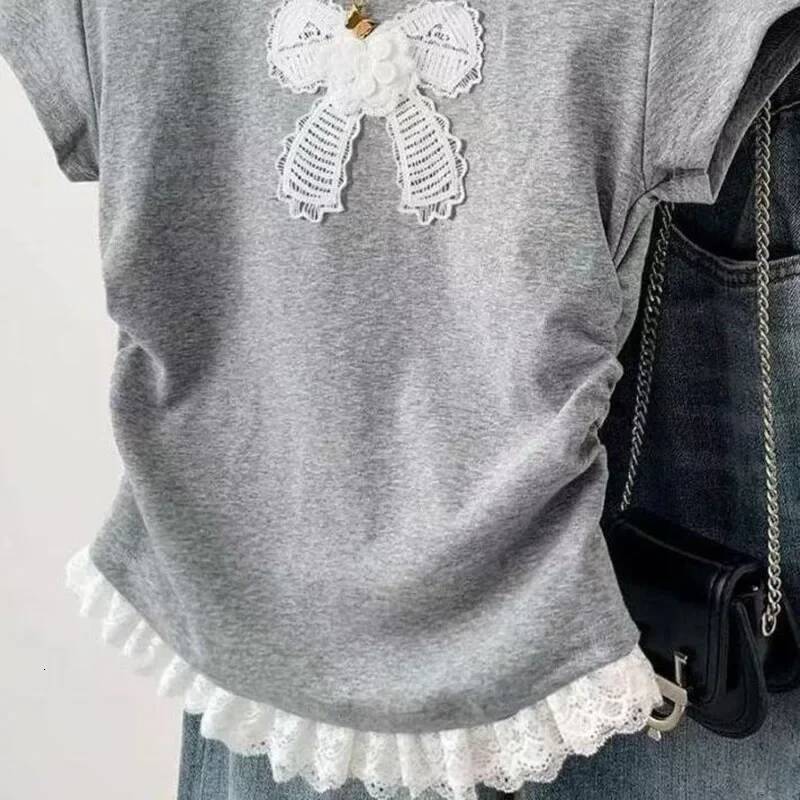2025 vintage bow lace short sleeved T-shirt for women, Y K round fashion neck stitched design top for women, summer Korean slim fit cropped pants T-sh