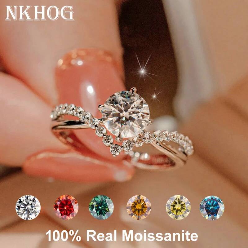 NKHOG Real S925 Silver 1ct Moissanite Ring For Women Band Plated 18K White Gold Pass Diamond Test Jewelry Wedding Cross Rings