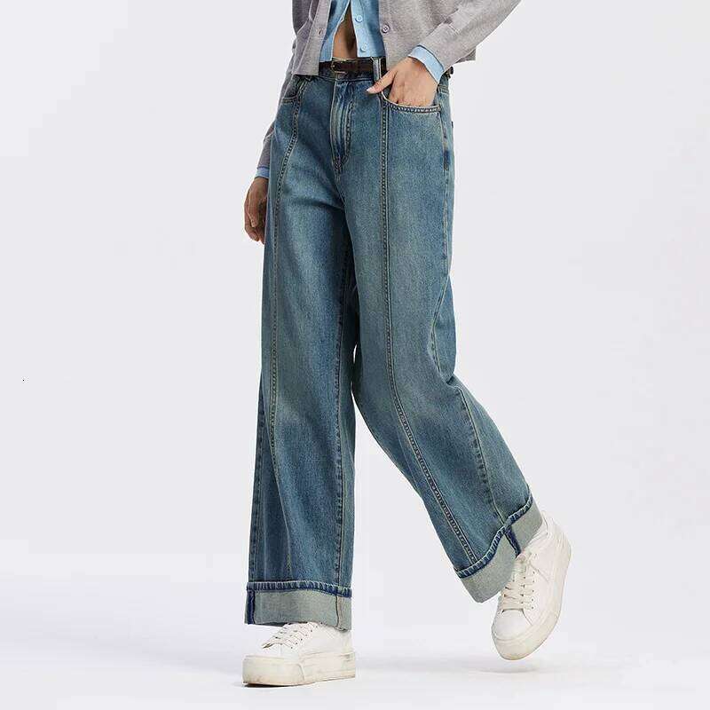 Semir Jeans Women Rolled Hem Long Pants 2025 Autumn New Loose Wide Leg Trousers