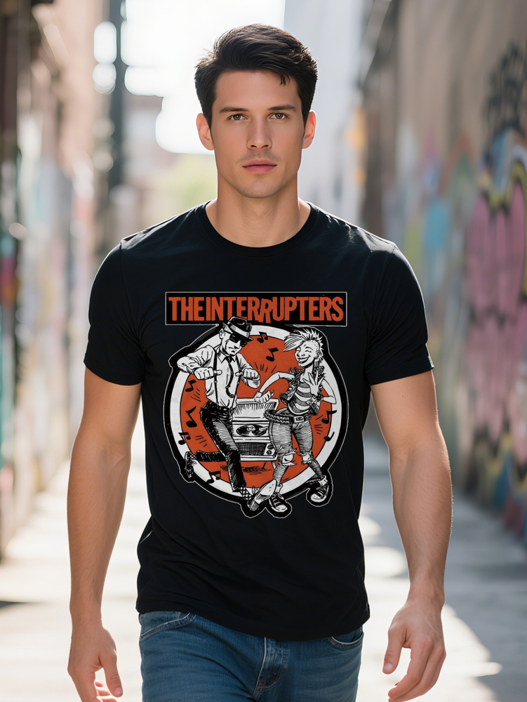 Men's Punk Graphic T-Shirt THE INTERRUPTERS Tee Vintage Design Black Shirt with Orange Accents Breathable Regular Top