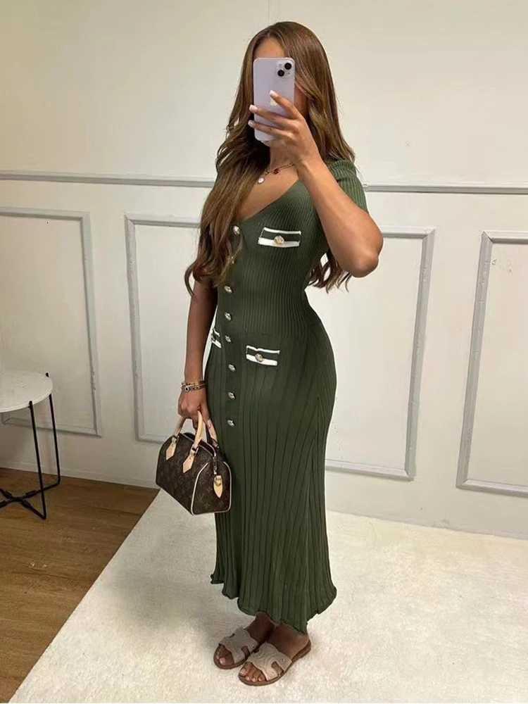 Office Lady Knitted Long Dress Summer Short Sleeve V Neck Single Breasted Bodycon Dresses Women Party Fashion Dresses XJ250814