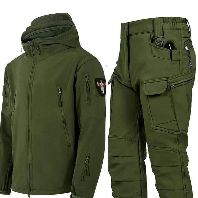Men's Outdoor Hiking Work Travel Plus Veet Waterproof Tactical Jacket Pants Set