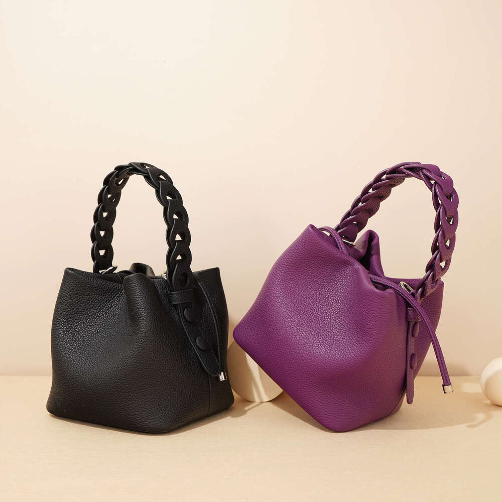 New Top Layer Cowhide Bucket Bag Spring Model Textured Genuine Leather Commuter Versatile Shoulder Crossbody Elegant Handbag