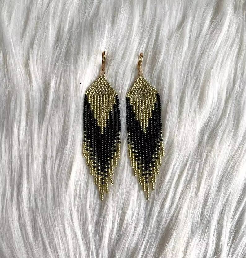 Exaggerated Handmade Bohemian Beaded Hoop Long Tassel Earrings
