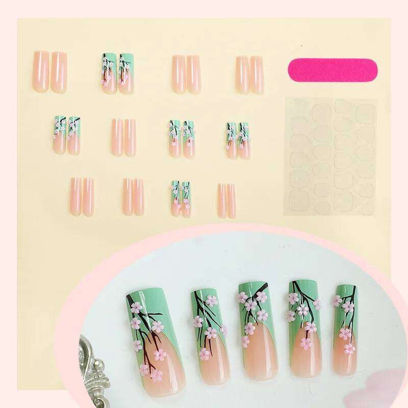 24pcs Long Ballerina Fake 3d Flowers Decor Green French Press on Full Cover Wearable European Spice Girl False Nails X250814