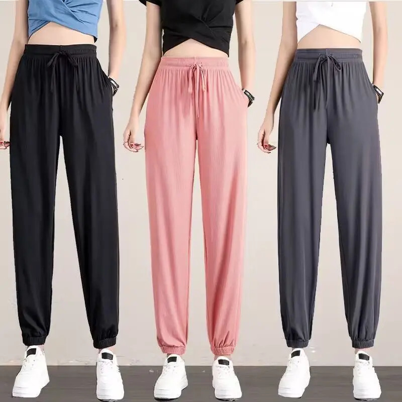 1pcs Summer Womens Ice Silk Pants Female High Elastic Waist Drawstring Pocket Loose Straight Trousers Student Sports Harun 250808