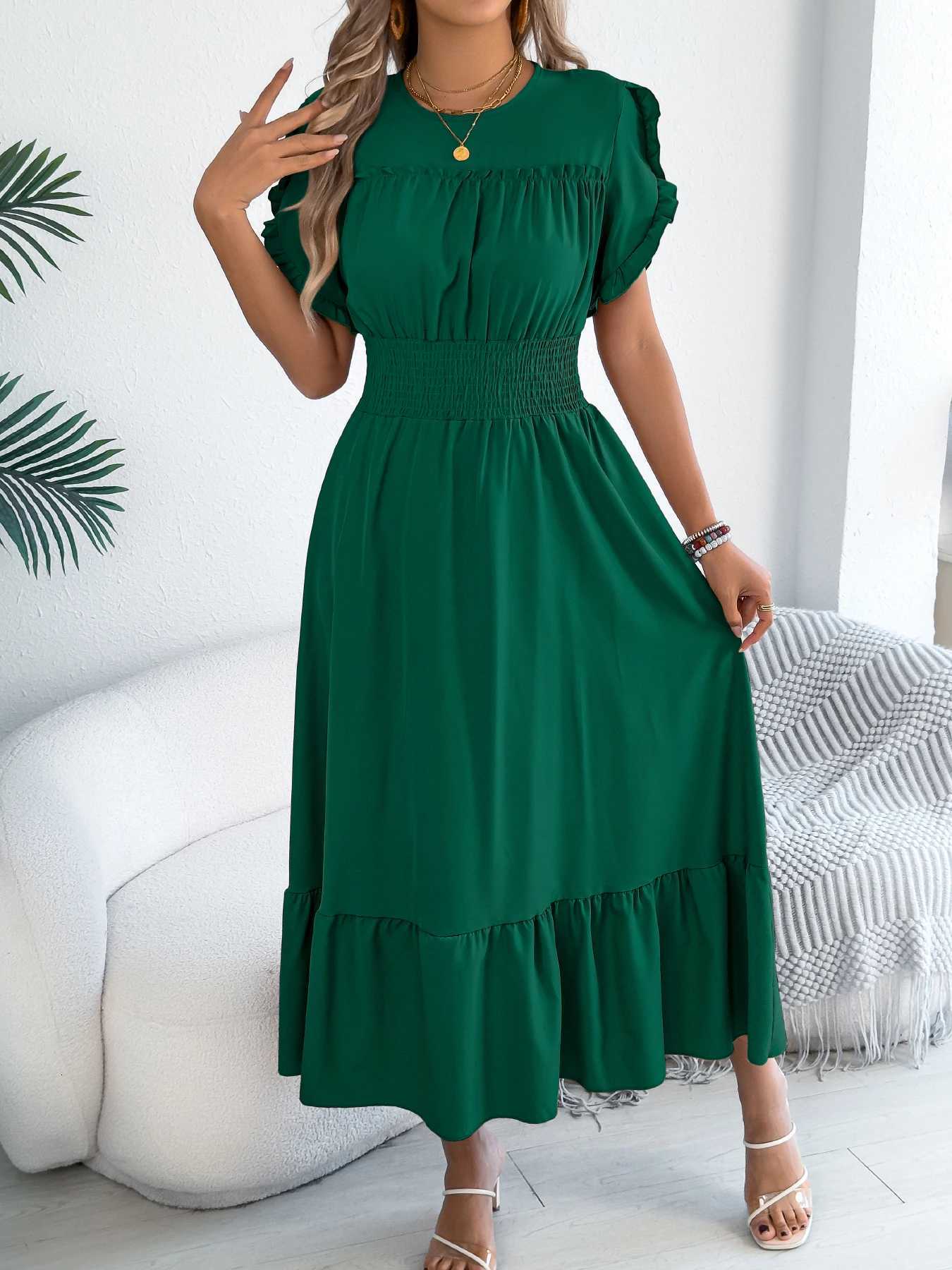 Casual Ele Round Neck Ruffled Waist Cinched Dress Long Dresses Spring Summer Fashion Womens Gown XJ250814
