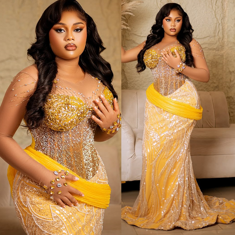 2025 Mermaid Plus Size Yellow Prom Dresses For Black Women Aso Ebi Illusion Sheer Neck Long Sleeves Lace Flora Beaded Birthday Dress Second Reception 
