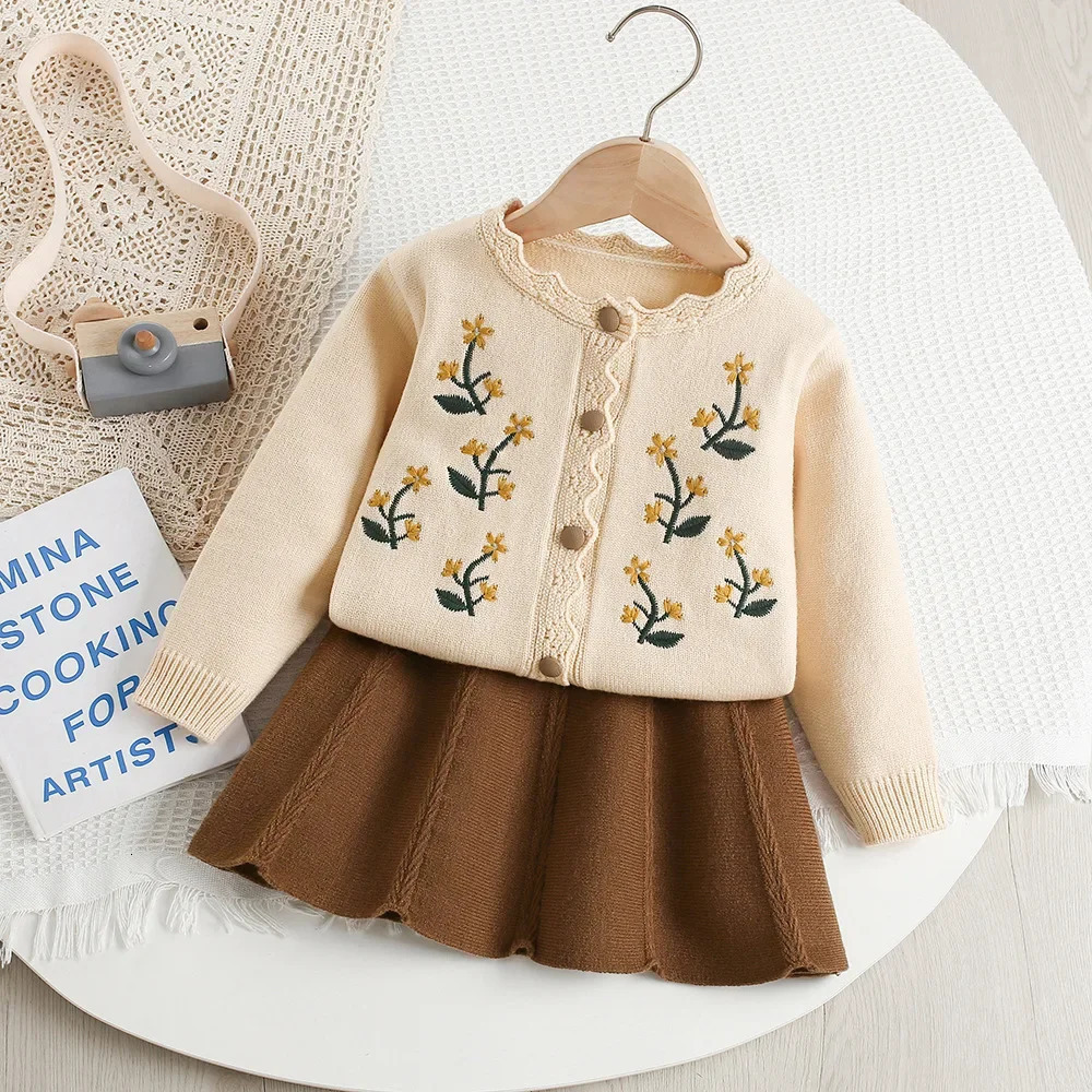 Baby Girl Clothes Girls Knitted Sweater Set Embroidered Flower Two-Piece Jacket And Pants Spring Autumn Korean Style 250813